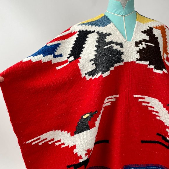 Vintage Navajo Southwest Woven Blanket Shawl Poncho Wrap, Red Black Blue Yellow - Picture 5 of 10